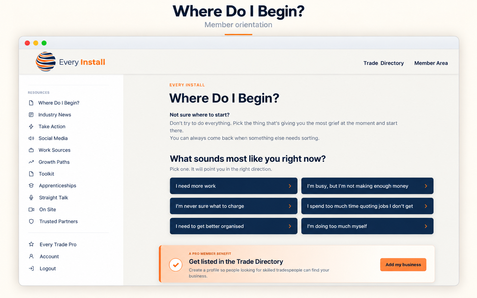 Every Install member orientation page with six business challenges