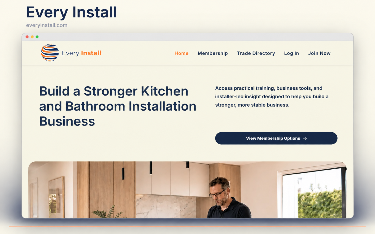 Every Install landing page with kitchen installation business support